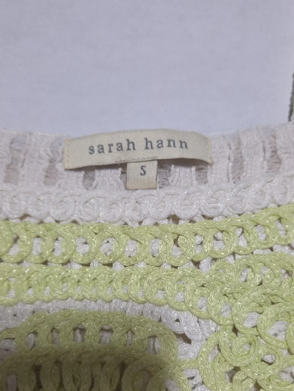 Anthropologie Cream Blouse with Light Green Crochet Yoke